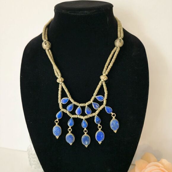 Rare Afghan Lapis lazuli Tibetan silver bib necklace - Picture 6 of 14